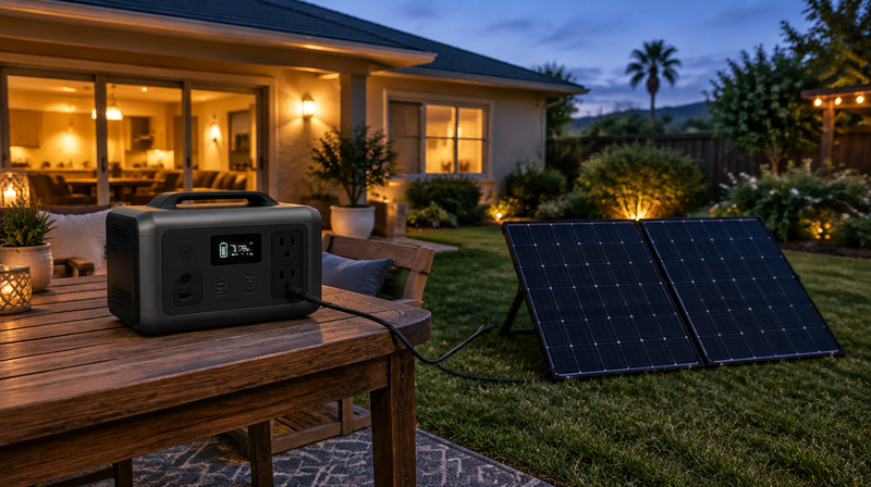 Portable power station on a backyard patio connected to two ground-mounted solar panels at dusk