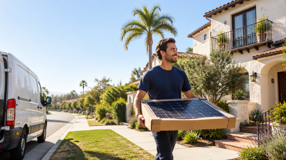 InCharge Solar team member delivering a plug-in solar panel to a California home