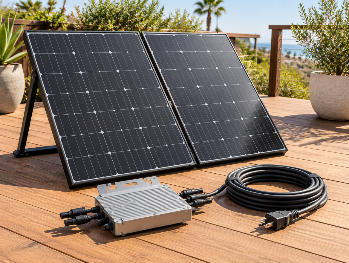 Plug-in solar kit with two panels, a microinverter and an outdoor cable on a patio