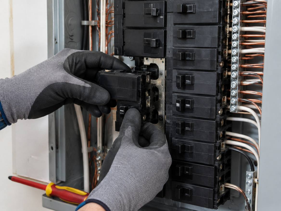 Electrician installing a new circuit breaker in a home electrical panel