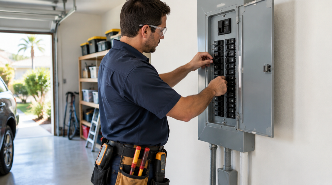 Electrician working at a home breaker panel in a garage