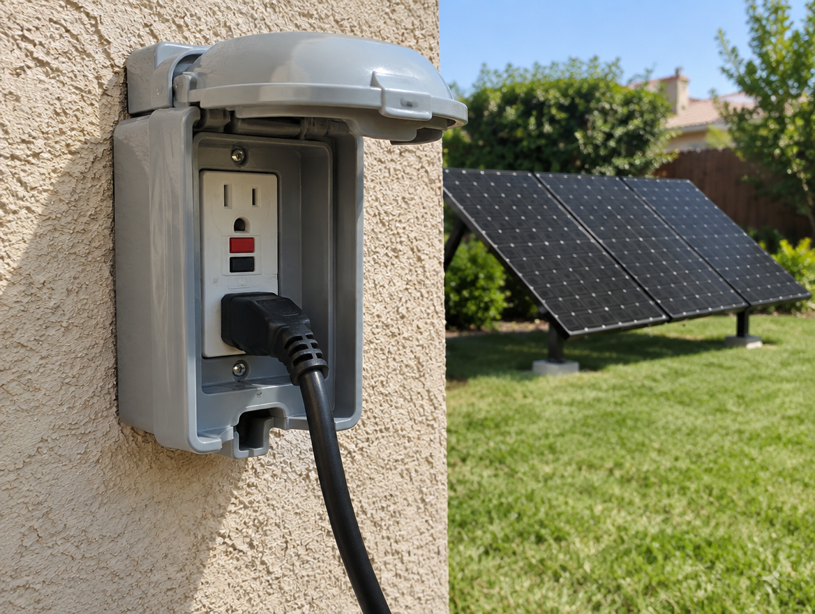 Weatherproof outdoor GFCI outlet with a solar cord plugged in, ground-mount panels behind