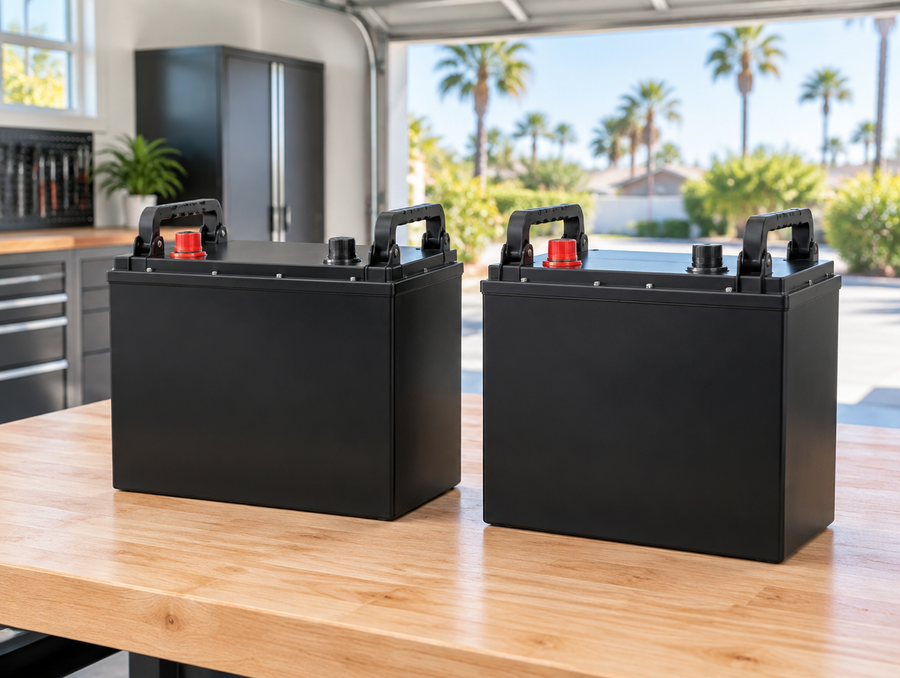 Two 48V golf cart style lithium batteries on a garage workbench