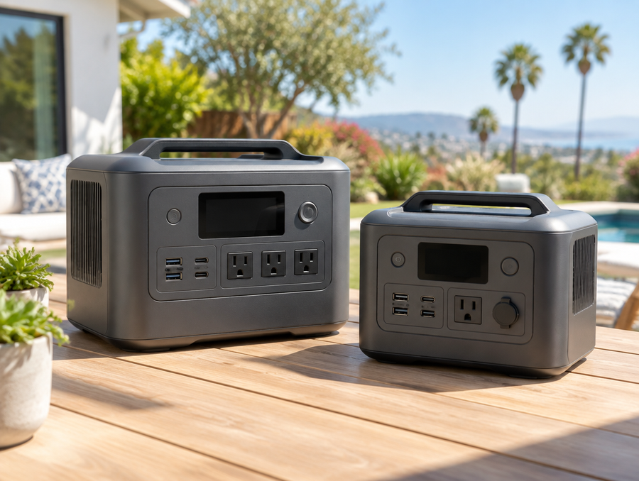 Two portable power stations on an outdoor patio table