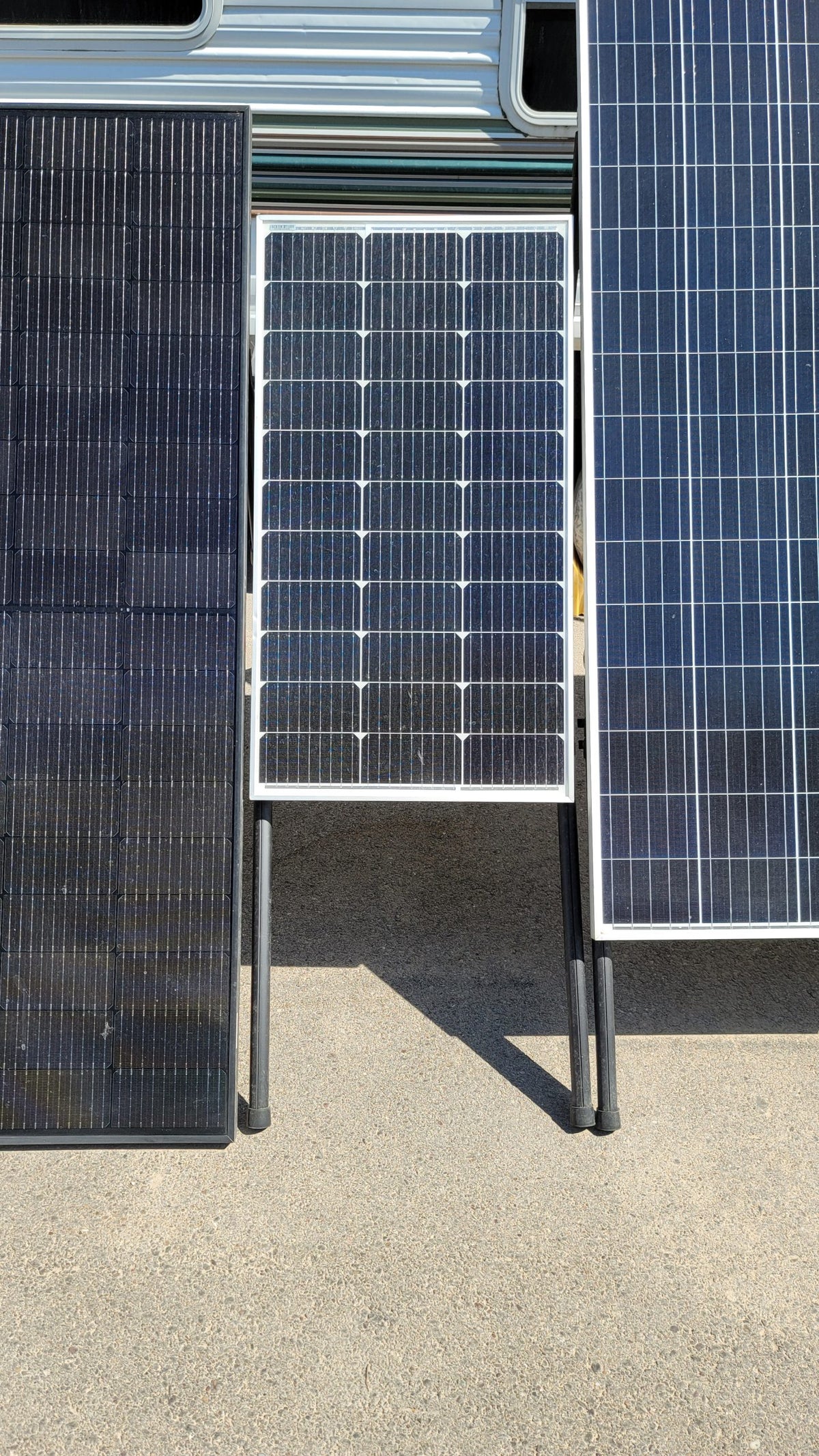 Solar panel on stand legs, front view