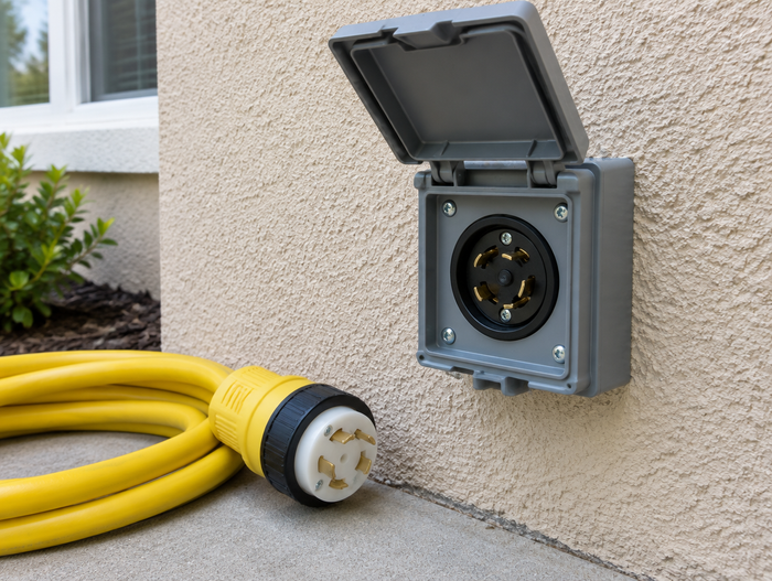 Weatherproof generator power inlet box with 30 amp twist-lock inlet on a home's exterior wall