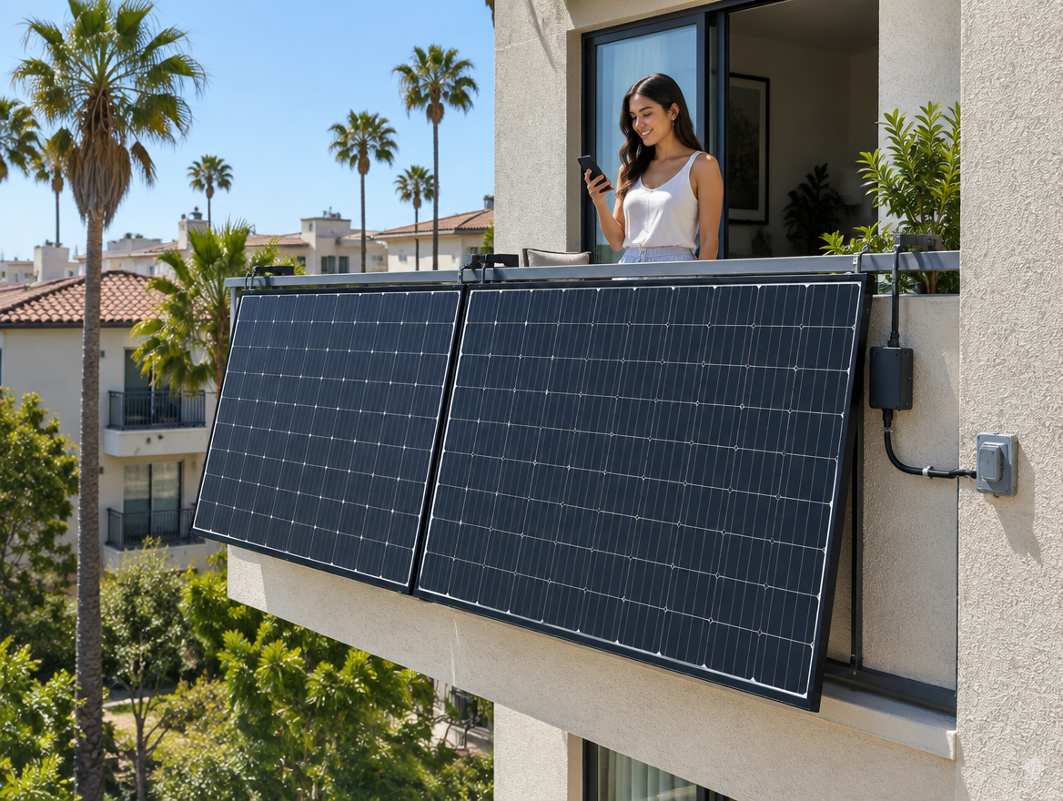 Two full-size solar panels hung flush on the outside of a California apartment balcony railing, tilted slightly toward the sun
