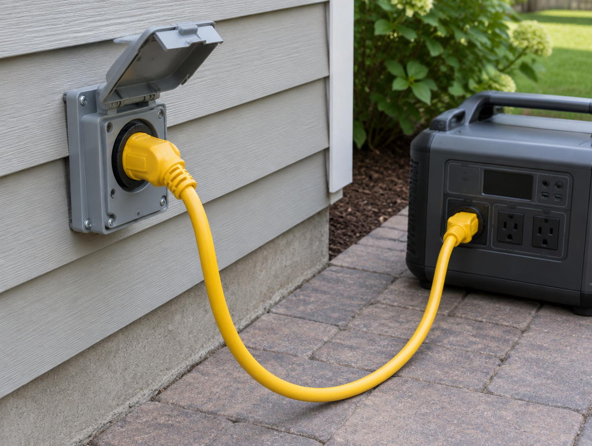 30 amp generator inlet box with a twist-lock cord connected to a power station