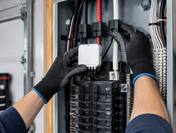 Electrician installing a smart energy meter with CT clamps in a breaker panel