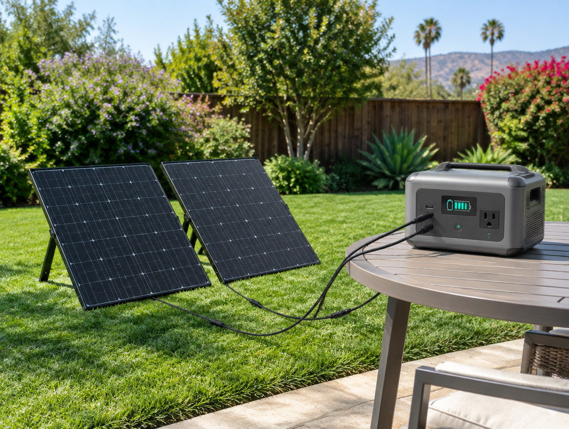 Solar panels on the lawn charging a portable power station