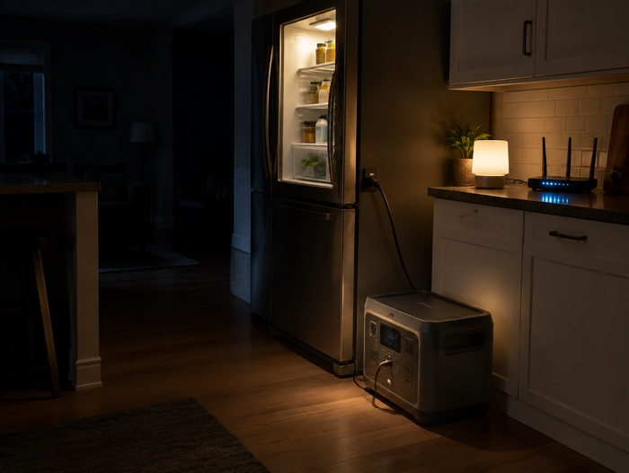Portable power station running a fridge, lamp and router during an outage