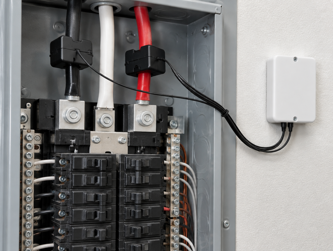 Current sensors clamped on main wires inside an electrical panel, connected to a smart meter