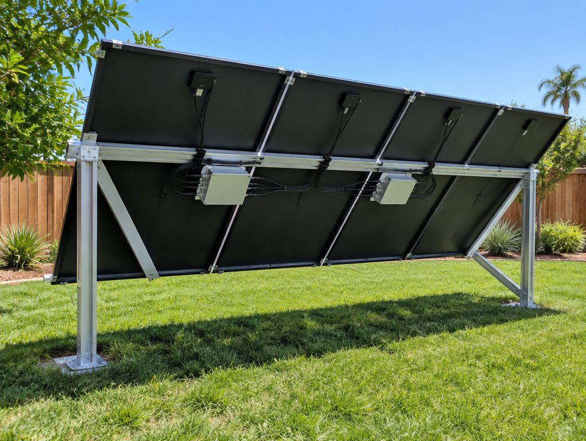 Two microinverters mounted behind a four-panel ground-mount solar array