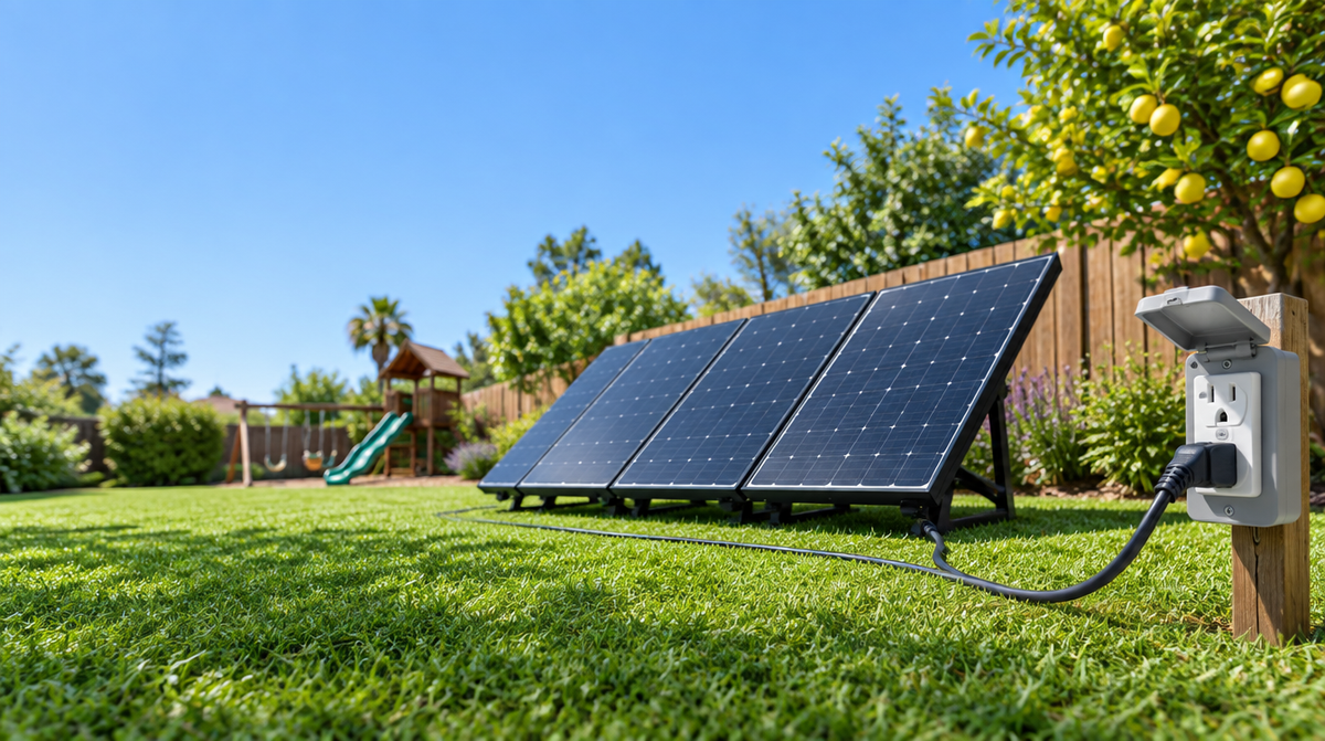 Four ground-mounted solar panels in a backyard plugged into an outdoor outlet on a post