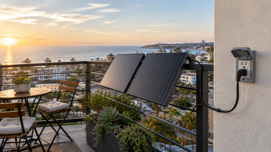 Balcony solar panels with an ocean view plugged into an outdoor outlet