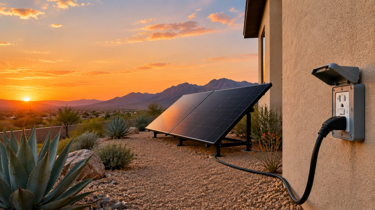 Ground-mounted solar panels in a desert yard at sunset plugged into a wall outlet
