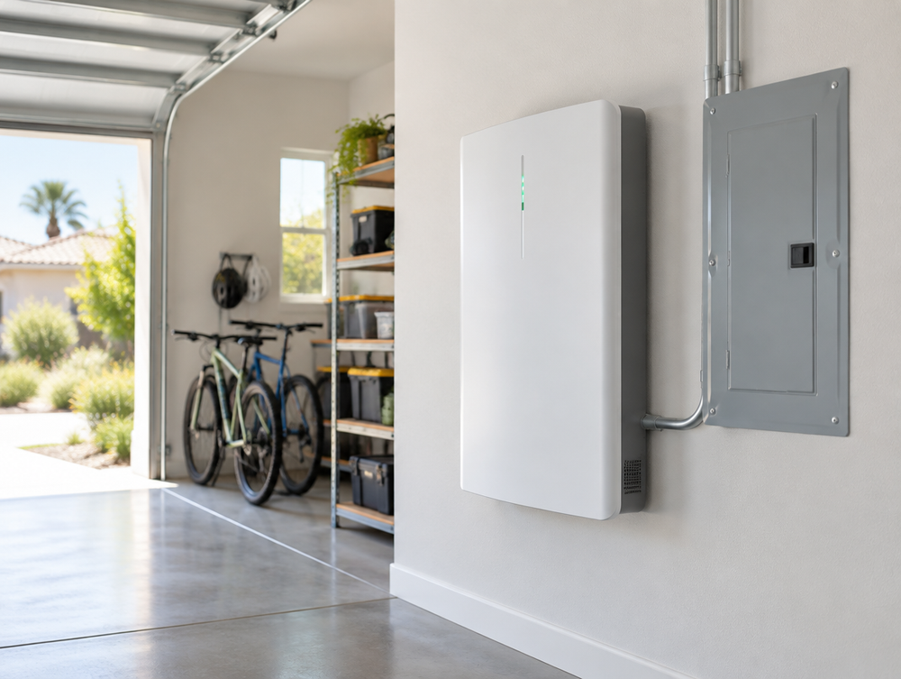 Wall-mounted home battery backup unit in a garage