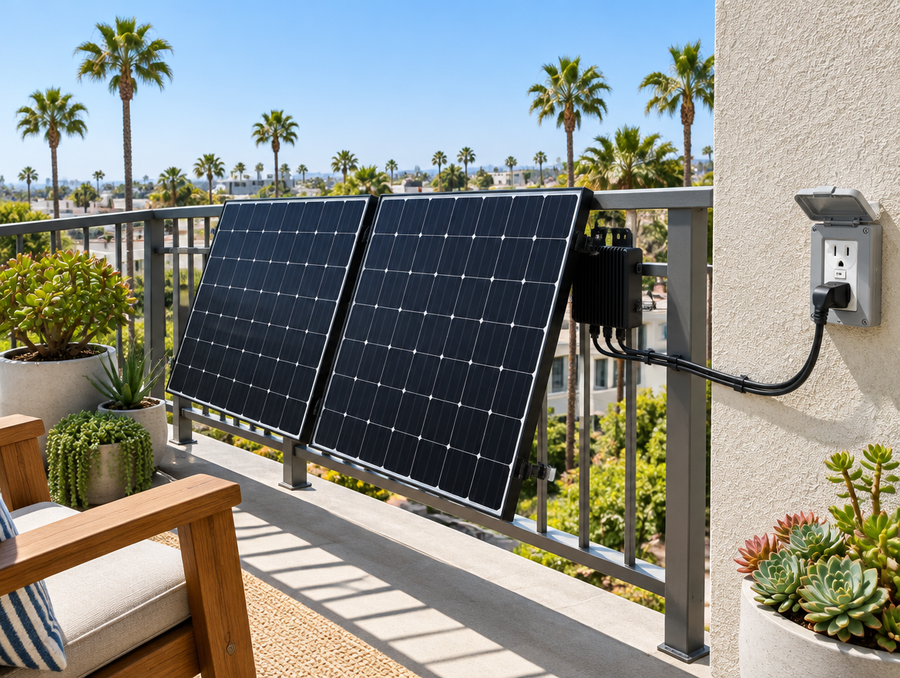 Two solar panels on a balcony railing plugged into an outdoor outlet