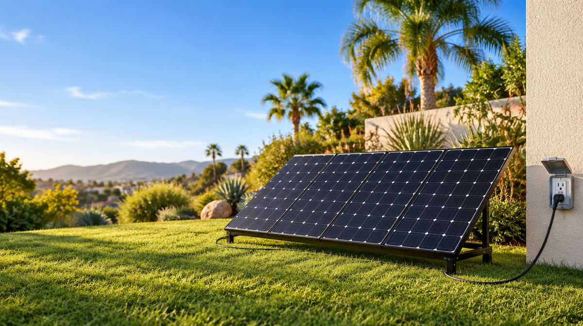 Four solar panels on a ground mount in a sunny California backyard, plugged into an outdoor outlet