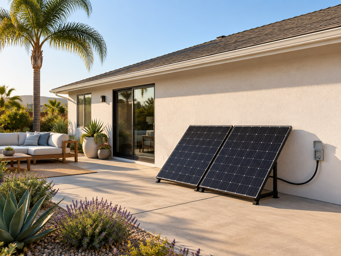 Plug-in solar panels on a patio stand, plugged into an outdoor outlet